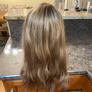 16in Permafrost real hair mono topper. Beautiful color w/ money piece highlights